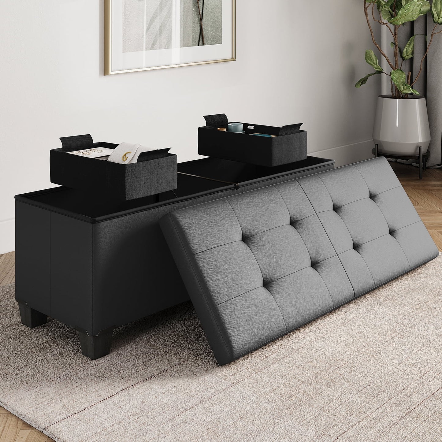 StorageBud Ottoman with Storage Bench, 43-inch Storage Ottoman, Leather, Gray