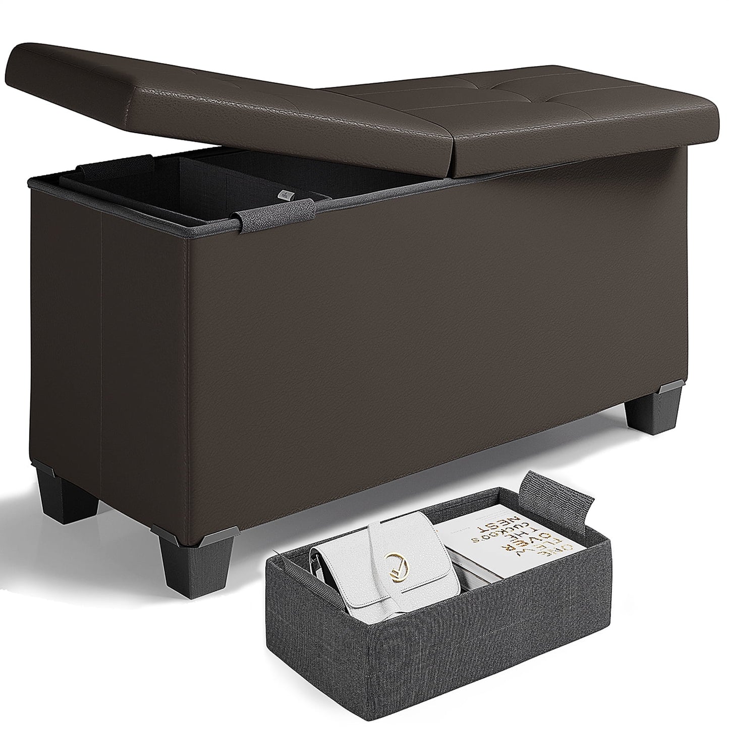 Storagebud Ottoman Storage Bench, Faux Leather 30" Storage Ottoman Bench, Brown