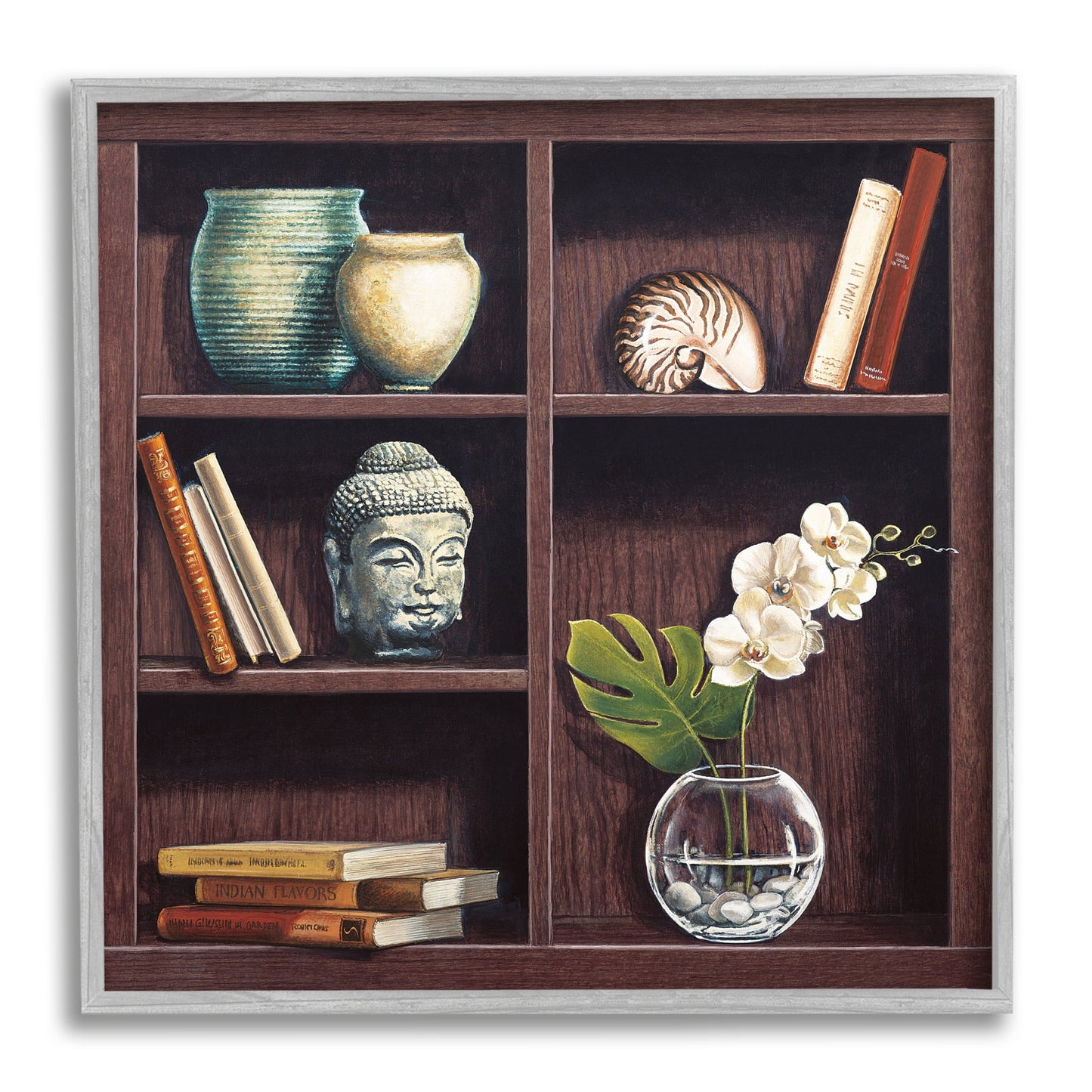 Stupell Industries Eastern Culture Inspired Bookshelf with Floral Vase Still-Life, 24 x 24, Designed by Isabella Rossetti