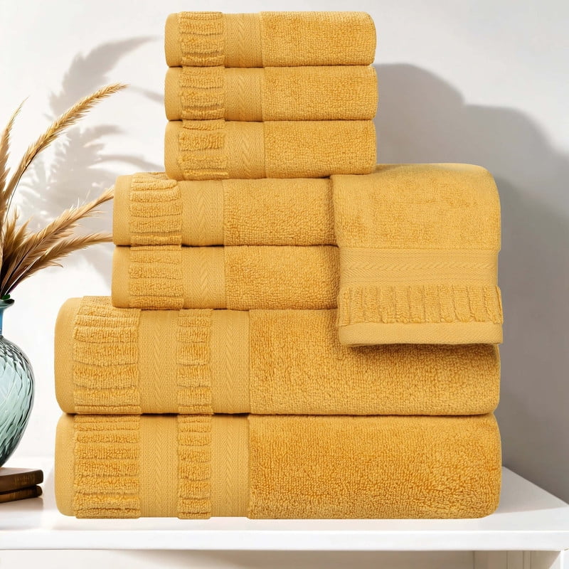 Superior Venice Ribbed Textured Border Zero Twist 8 Piece Towel Set, Gold