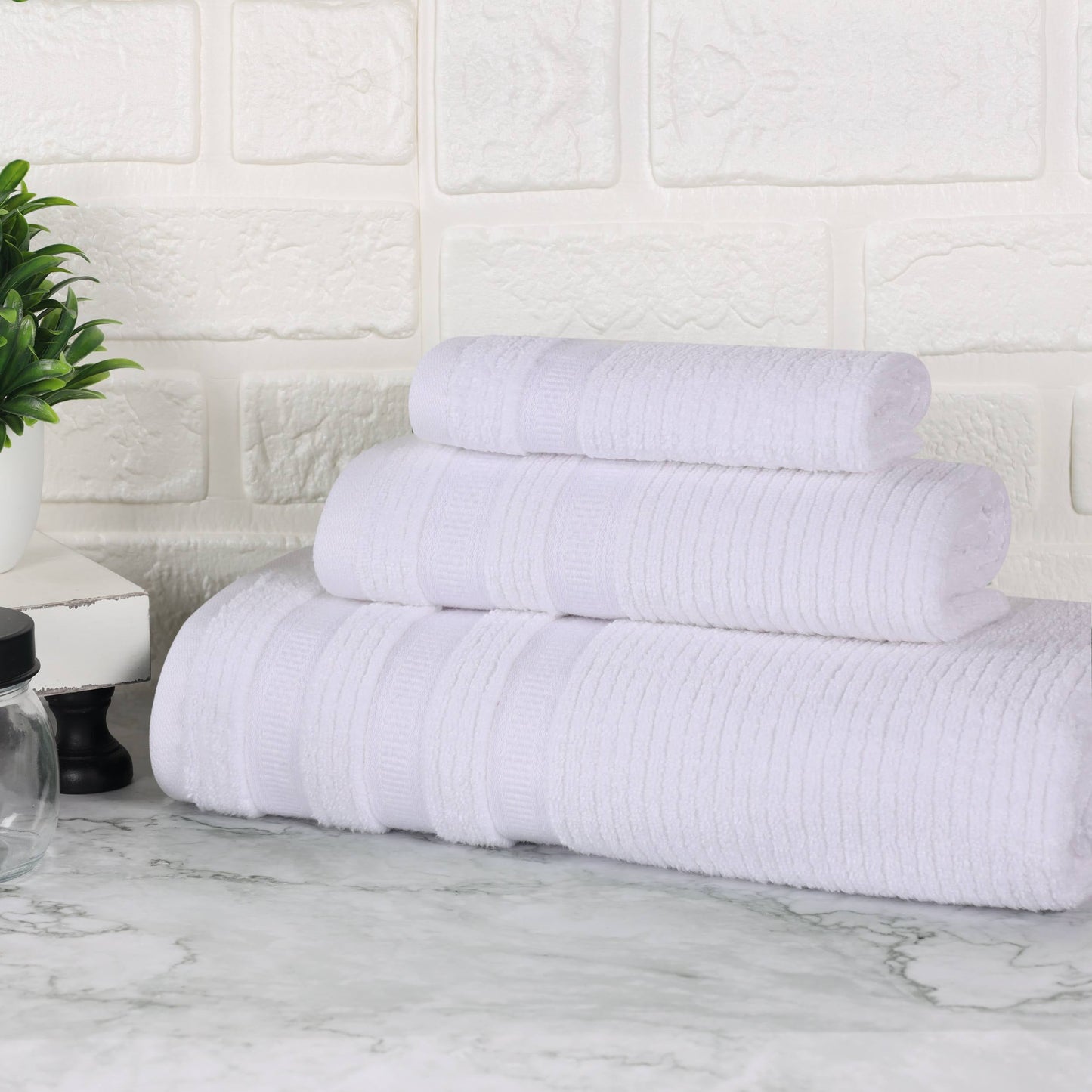 Superior Zero Twist Cotton Ribbed Geometric 3-Piece Towel Set, Ultra Soft Quick Dry, White