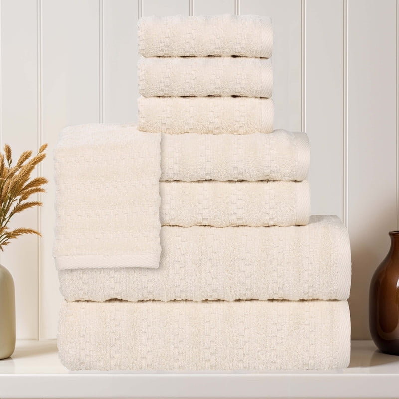 Superior Zuma Waffle Textured Stripes Cotton 8 Piece Towel Set, Zero Twist Absorbent Towels, Ivory