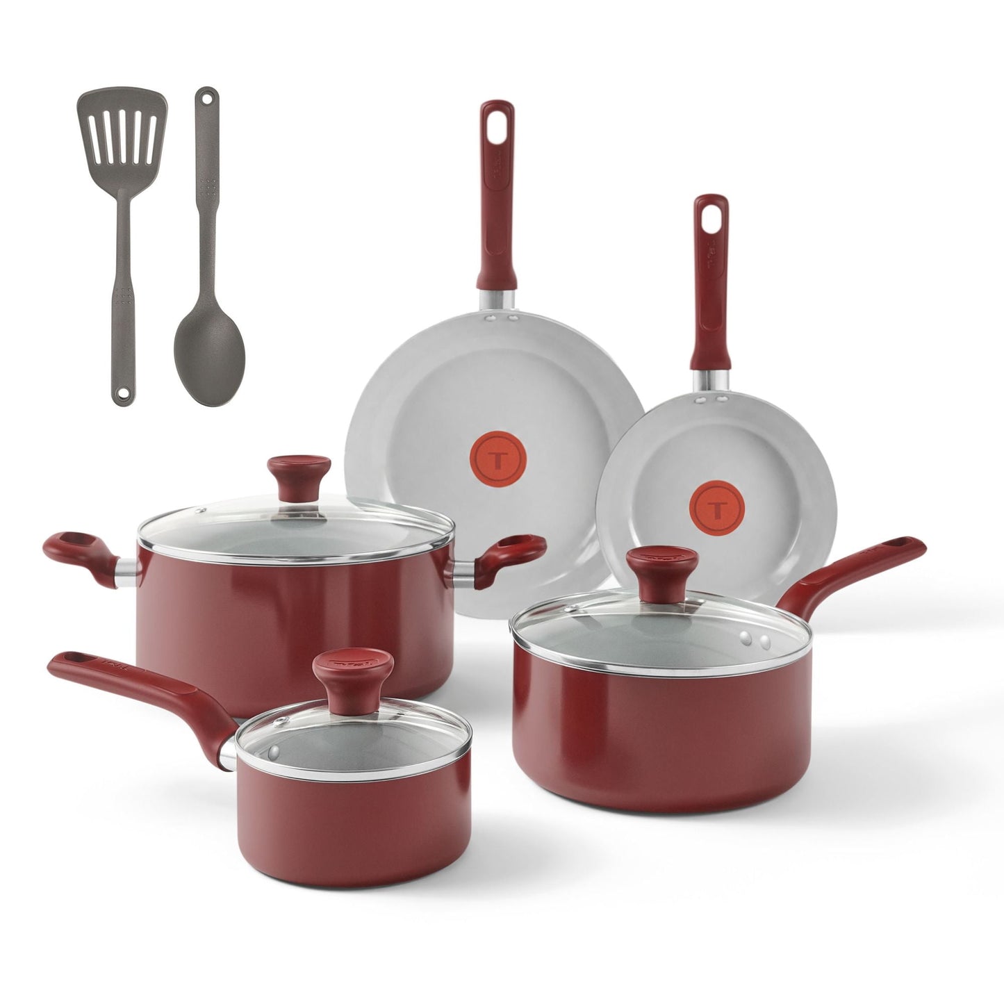 T-fal Easy Care 10 Piece Ceramic Nonstick Cookware Set, Pots and Pans, Red