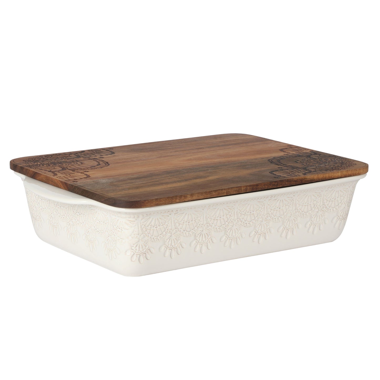 The Pioneer Woman 9" x 13" Vintage Lace Ceramic Casserole Baking Dish with Wood Lid, Linen