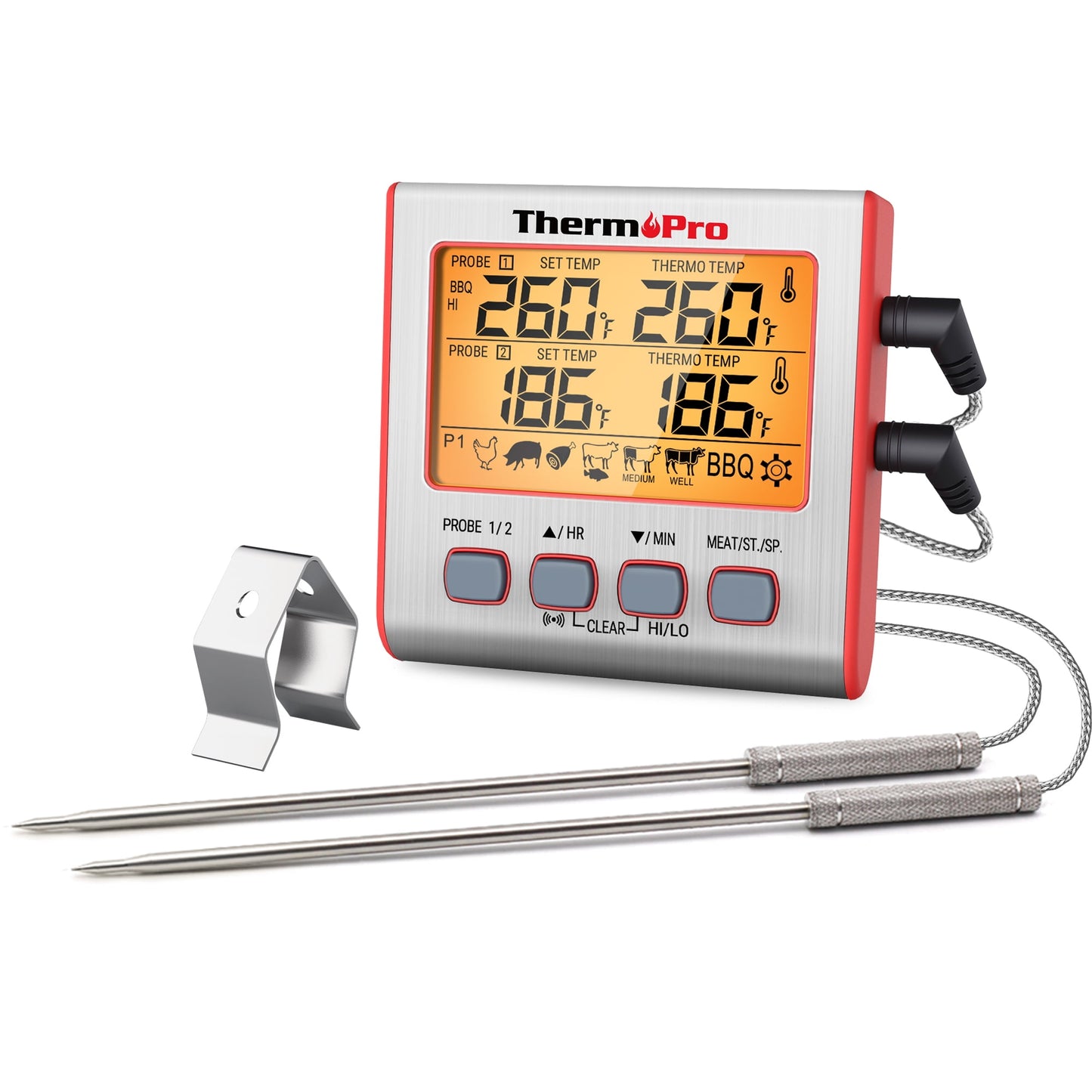 ThermoPro TP17W Gran LCD Retroiluminación Parrilla Termómetro para Alimentos con Doble Sonda Modo Temporizador para Horno Parrilla Ahumador Barbacoa