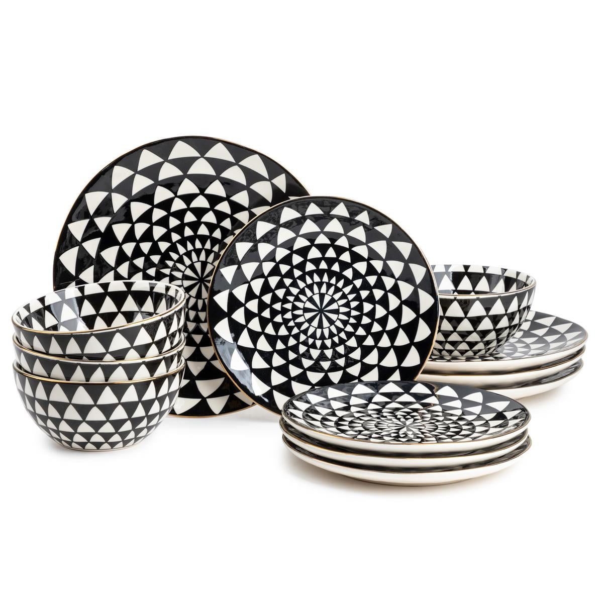 Thyme & Table Medallion Juego de Vajilla de Cerámica de 12 Piezas Blanco y Negro