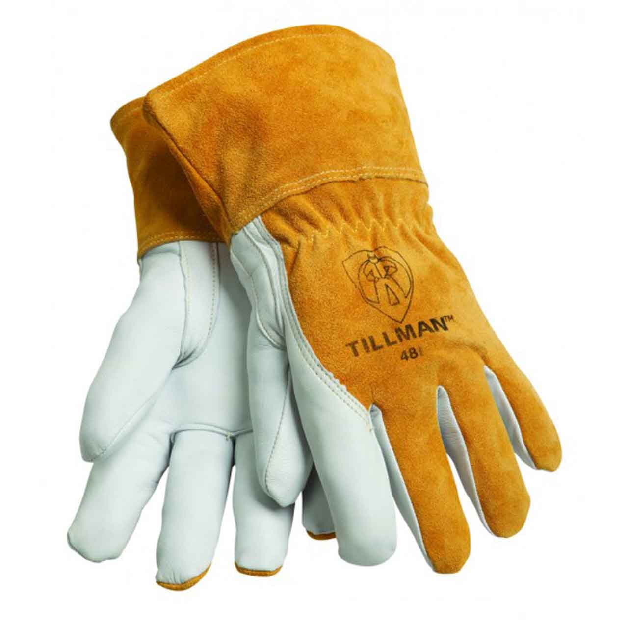 MIG Welding Gloves, Model 48S Top-Grain Goatskin Palm with Split Cowhide Back & Cuff, Small, Bourbon Brown/Pearl, 3½″ Shirred Cuff