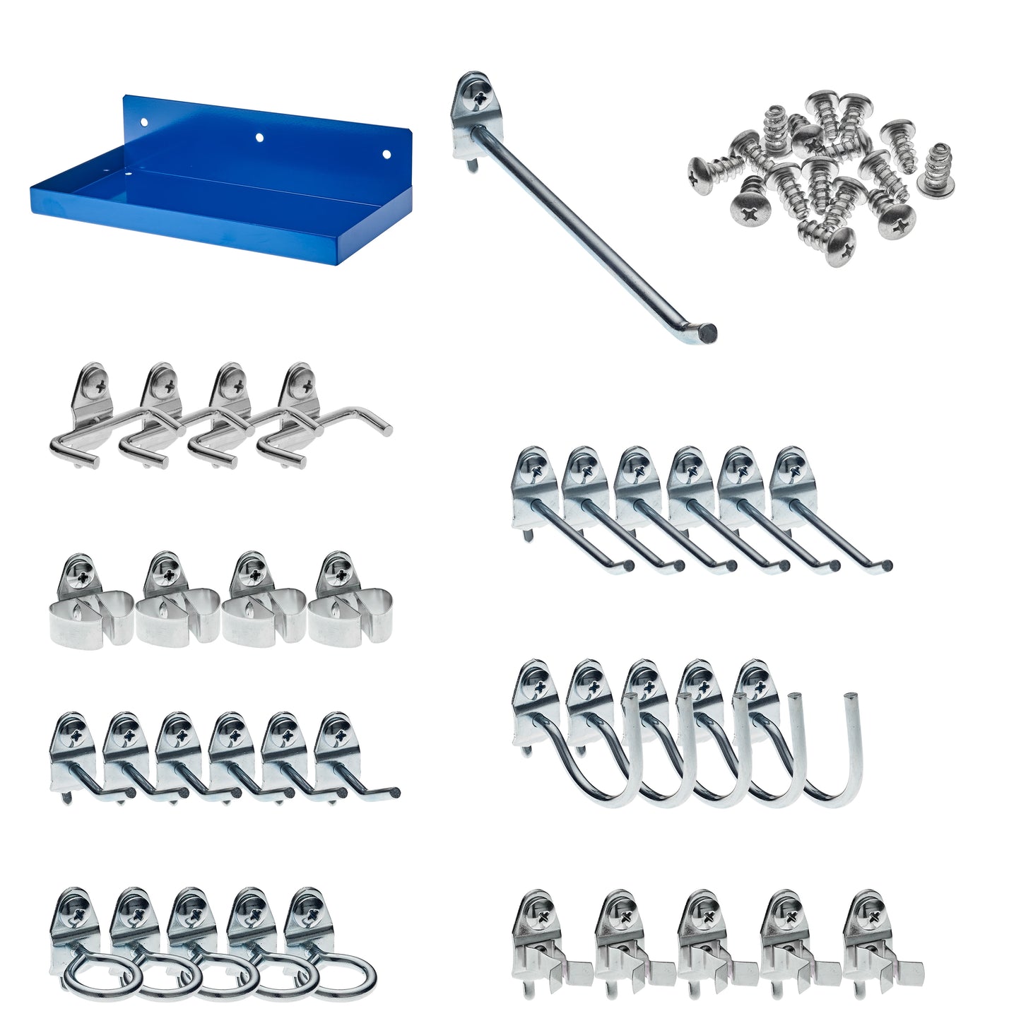 Triton Products® DuraHook 12"W x 6" Deep Blue Epoxy Coated Locking Steel Pegboard Shelf with 36-Piece DuraHook Locking Pegboard Hook Assortment