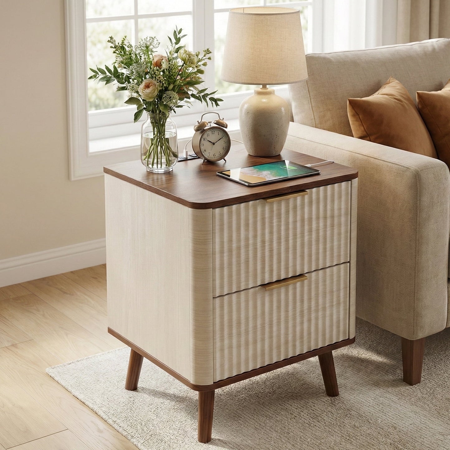 TrumanPick Fluted Nightstand for Bedroom with USB Charging Station, Modern 2-Drawer Bedside Table End Table with Storage for Living Room Sofa Side, 18"D ×18"W× 24"H, Natural & Walnut Finish