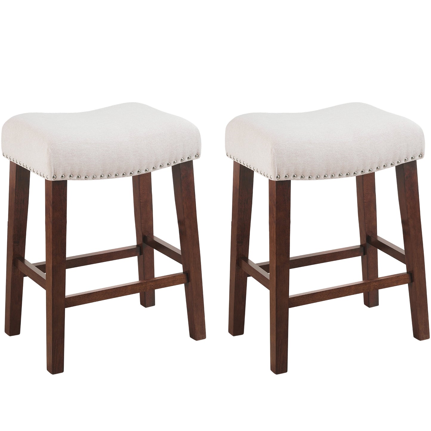 26 Inch Counter Height Bar Stools Set of 2 Saddle Barstools for Kitchen Island, Kitchen Stools with Nailhead Trim, Beige