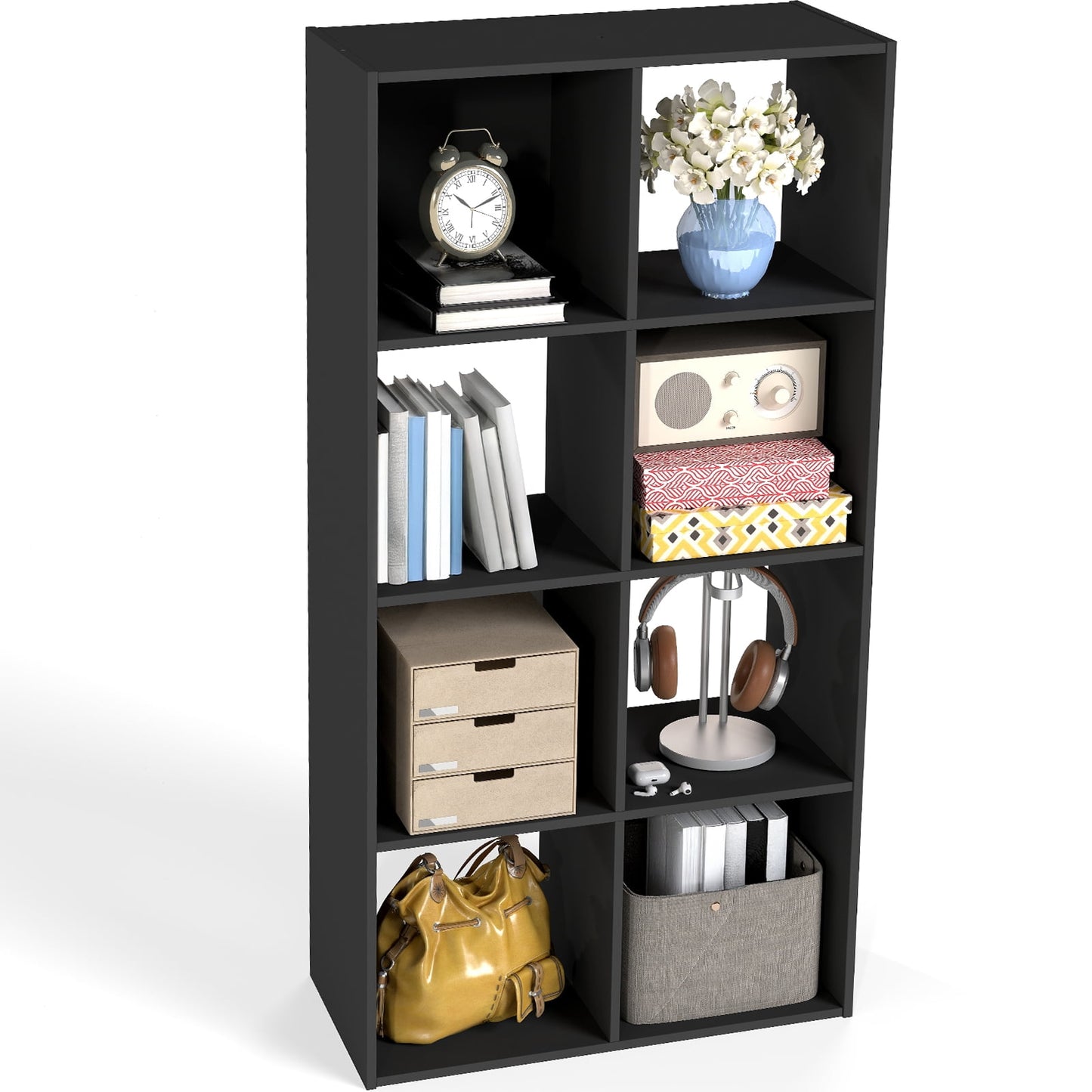 TrumanPick Stackable 8 Cube Storage Organizer - Wood Cube Shelf Fits Cubby Bins, Cubicle Bookshelf with Open Shelves & Anti-Tipping Kits for Living Room, Home Office, Black