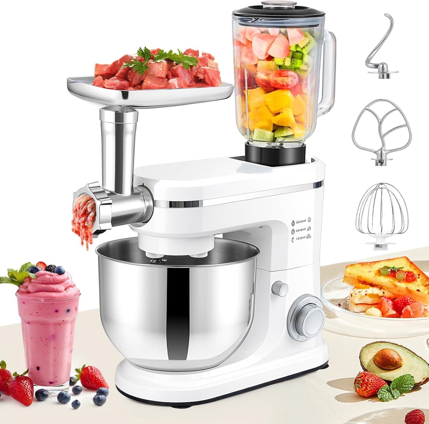 Trumoontree Multifunctional Stand Mixer with Meat Grinder 1.5L Blender Electric Kitchen Mixer with 6L Stainless Steel Bowl 6 Speed Food Mixing Machine for Home Cooking white