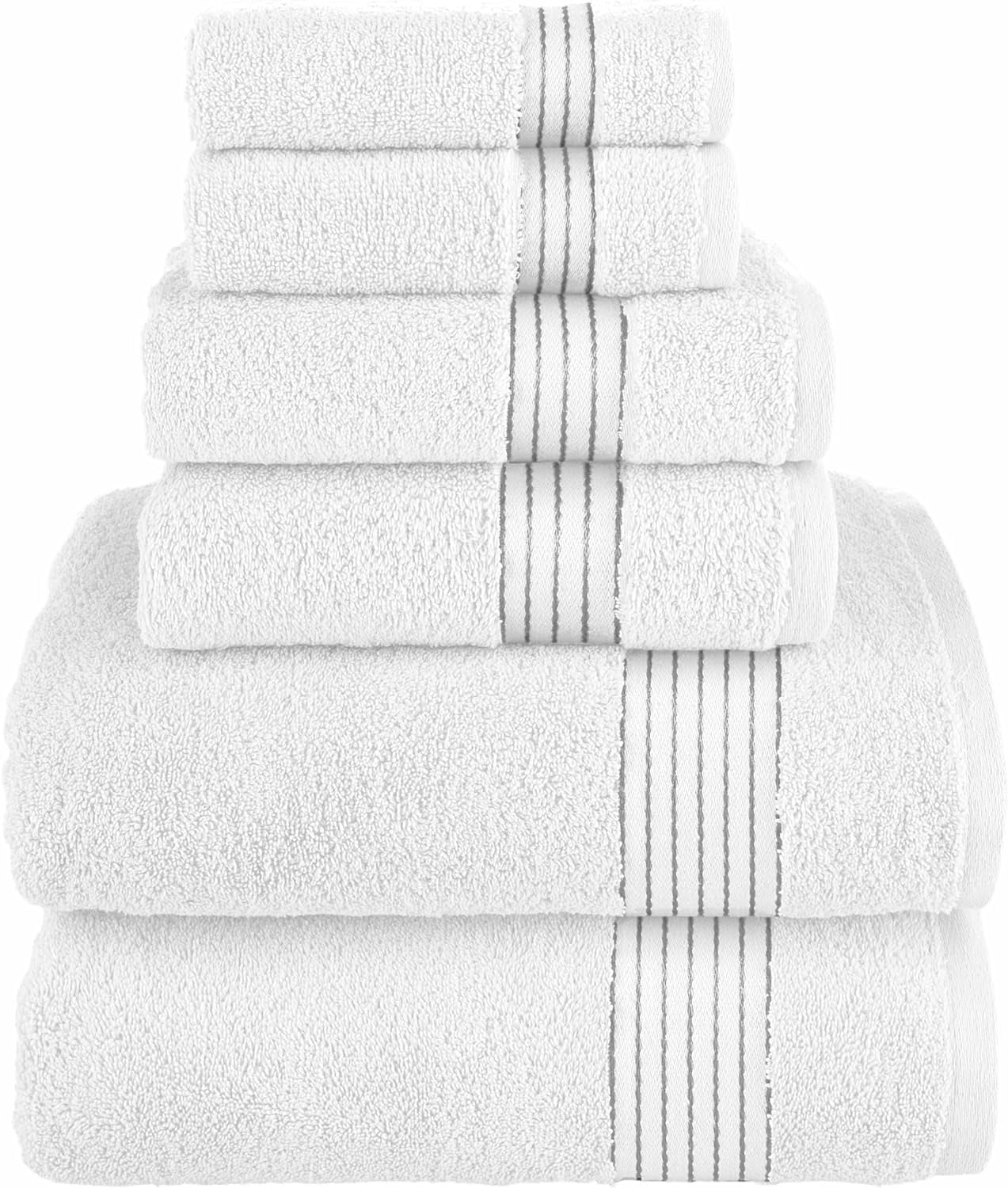 Turkish Linens Luxury Spa and Hotel Quality Premium Cotton 6-Piece Towel Set (2 x Bath Towels, 2 x Hand Towels, 2 x Washcloths), White/Gray