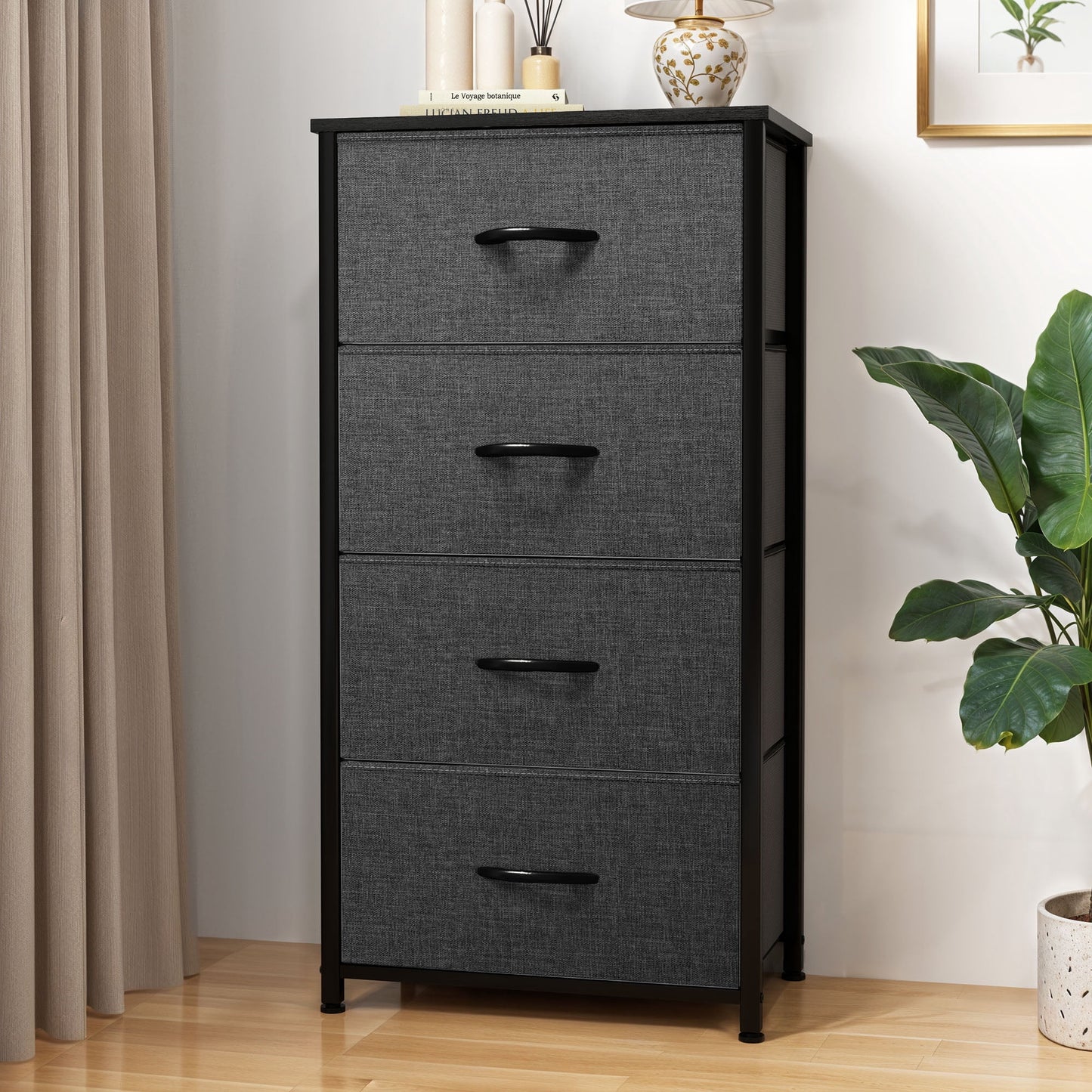 Uforic 4 Drawer Dresser Fabric Chest of Drawers Furniture Storage Organizer for Living Room,,Hallway, Black Grey