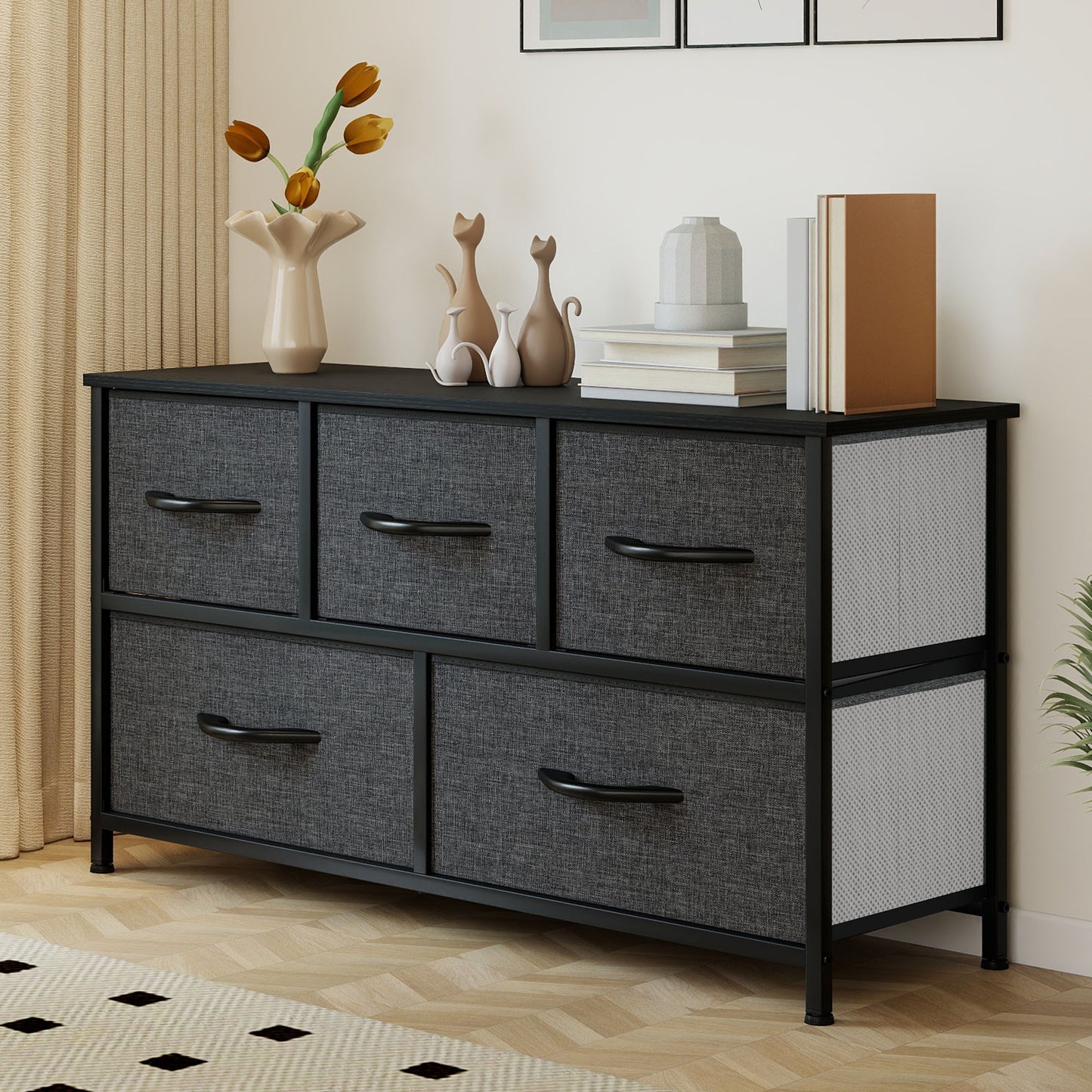 Uforic 5 Drawer Dresser Fabric, Wide Chest Of Drawers With Wood Top for Living Room,,Hallway,Nursery,Black