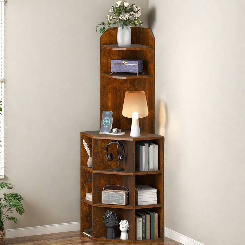 Uforic 5-Tier Corner Shelf with 9 cube, Wooden Display Bookcases Bookshelf with USB Ports, White