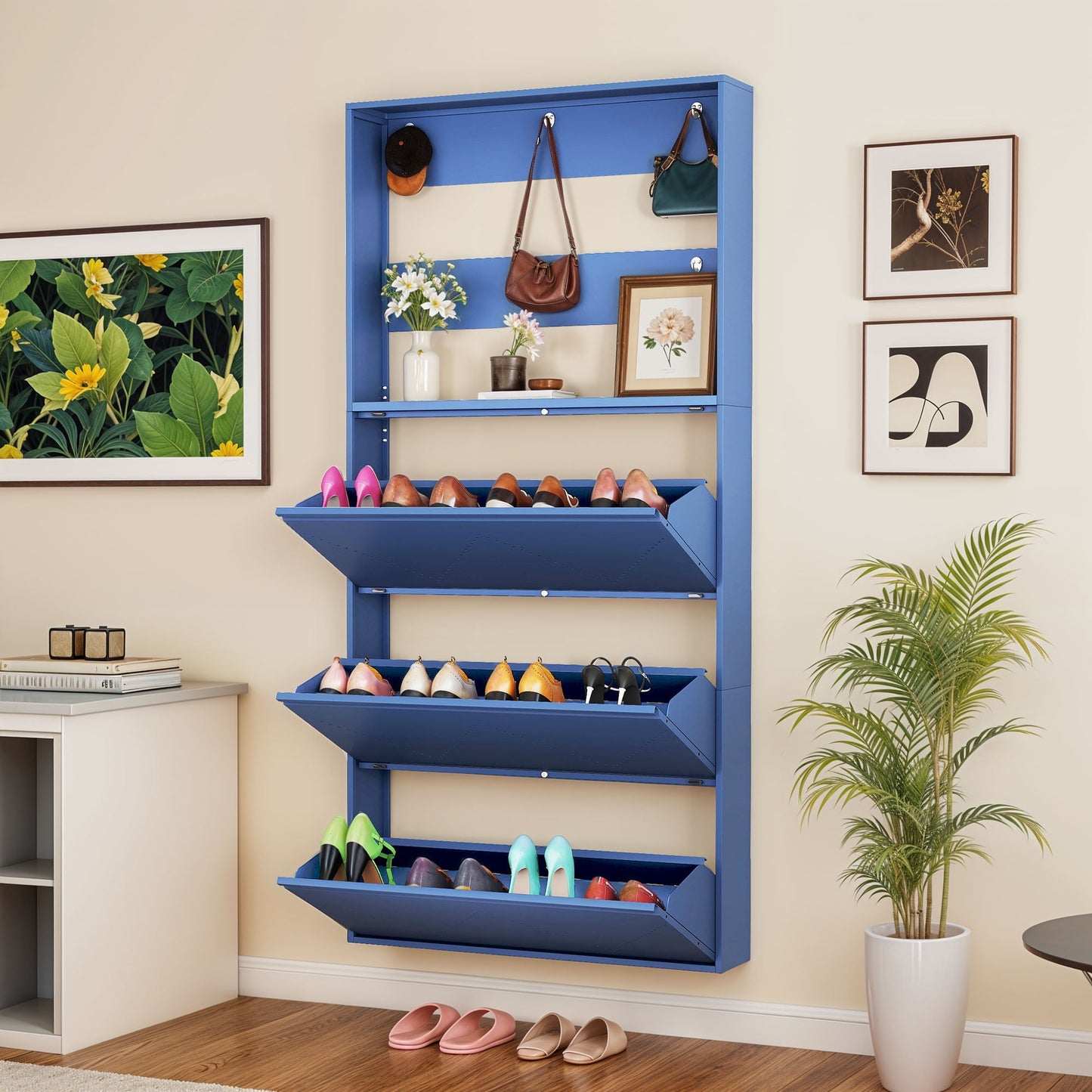 Uforic Gabinete Metálico para Zapatos con 3 Cajones Abatibles, Organizador de Zapatos para Pared con Perchero, Blanco