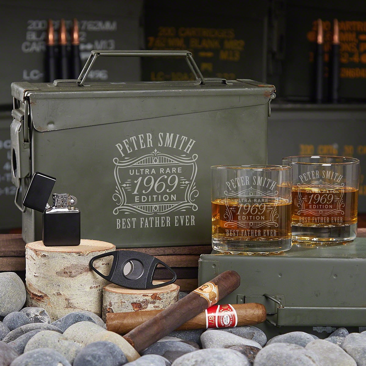 Ultra Rare Edition Personalized All the Vices 30 Cal Ammo Can and Whiskey Glasses Gift Set
