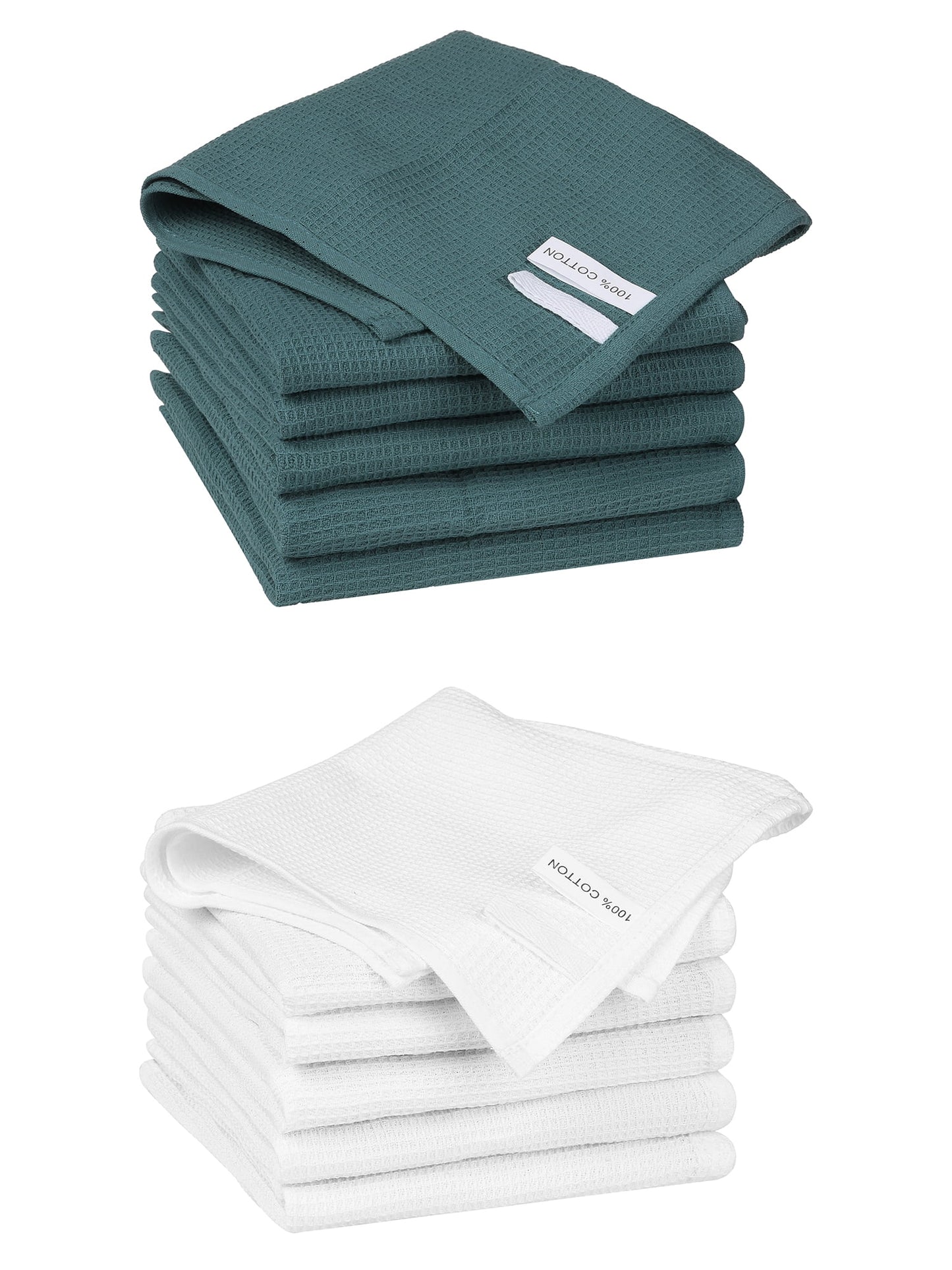 Unique Bargains 12 Pack Cotton Waffle Weave Cleaning Clothes Reusable Kitchen Towels Dark Green/White 14" x 14"
