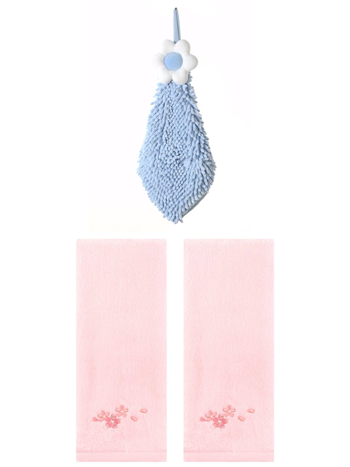Unique Bargains 3 Pcs Cotton Soft Floral Hand Towels Pink/Blue-2 13" x 29"/6" x 15"