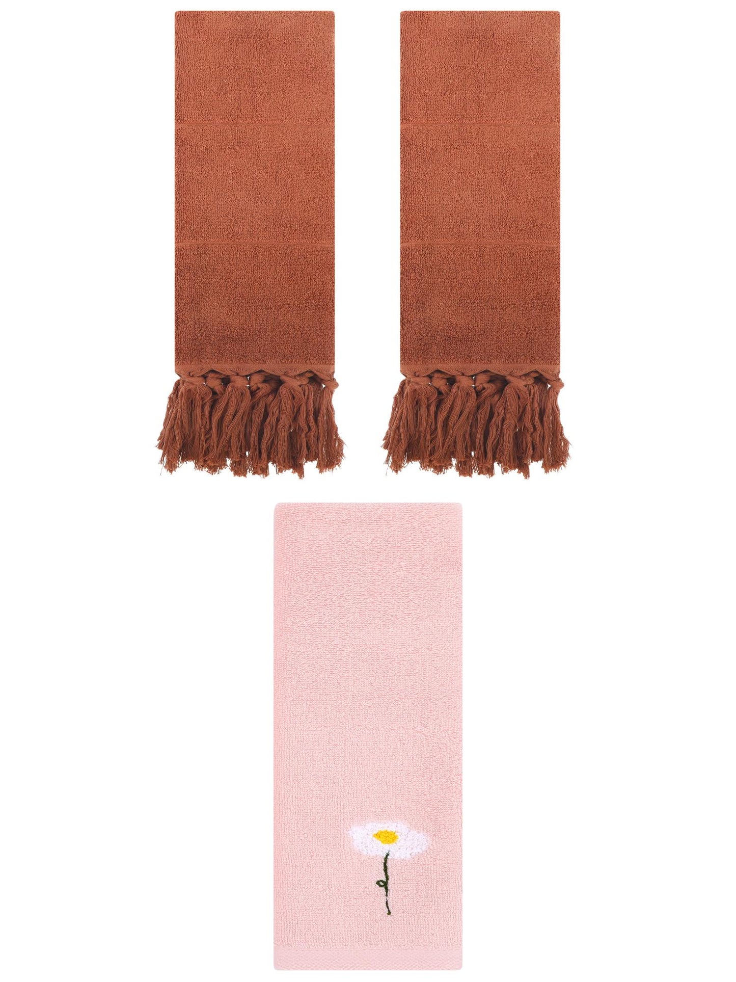 Unique Bargains 3 Pcs Floral Solid Hand Towel Set Brown/Pink 14"x30"/13"x30"
