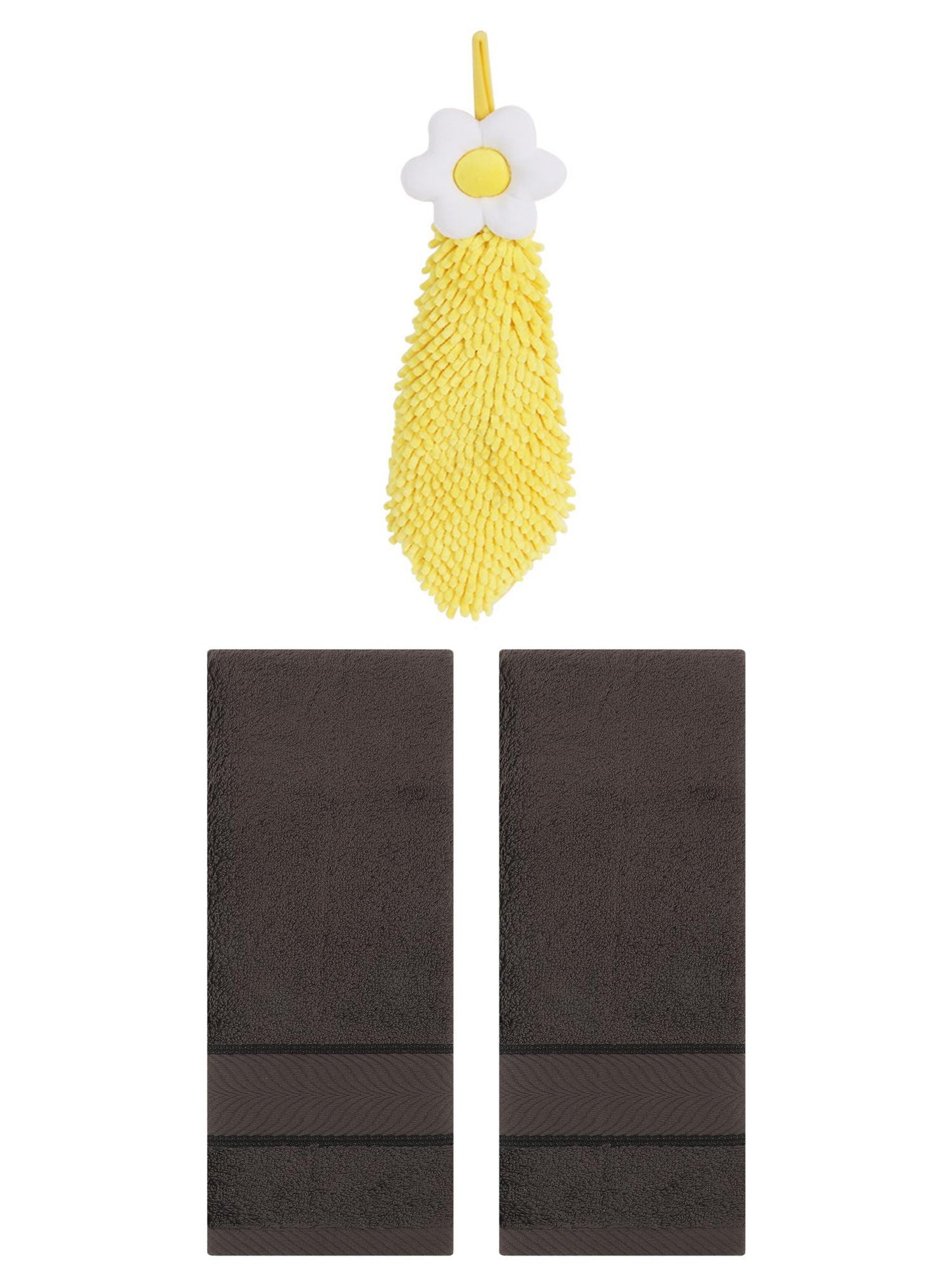 Unique Bargains 3 Pcs Soft Hand Towel Set Dark Brown/Yellow 14" x 30"/6" x 15"