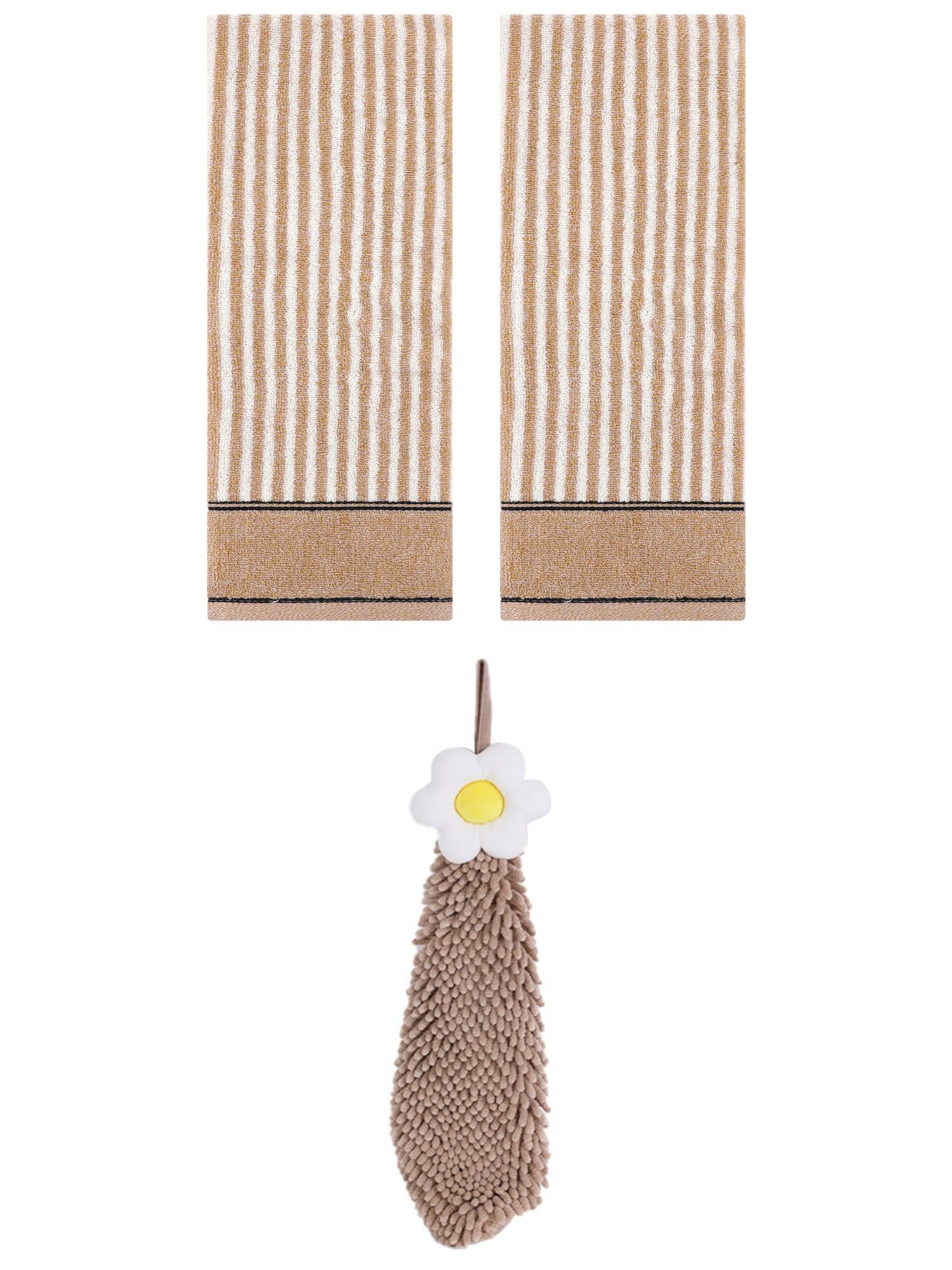 Unique Bargains 3 Pcs Soft Striped Hand Towels Brown 13" x 29"/6" x 15"
