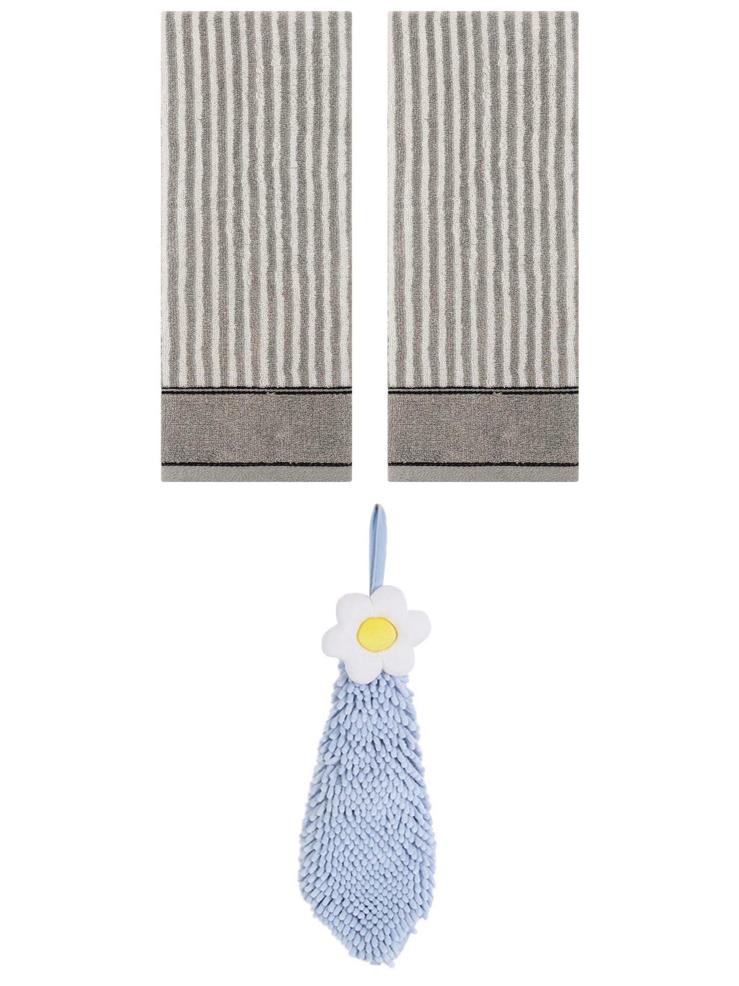 Unique Bargains 3 Pcs Soft Striped Hand Towels Grey/Blue-1 13" x 29"/6" x 15"