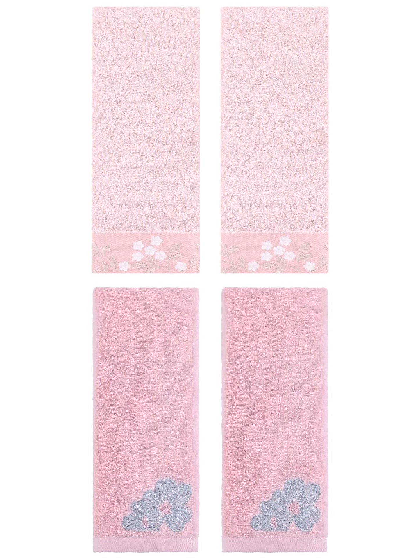 Unique Bargains 4 Pcs Cotton Floral Soft Hand Towel Set Pink 14" x 28"/14" x 31"