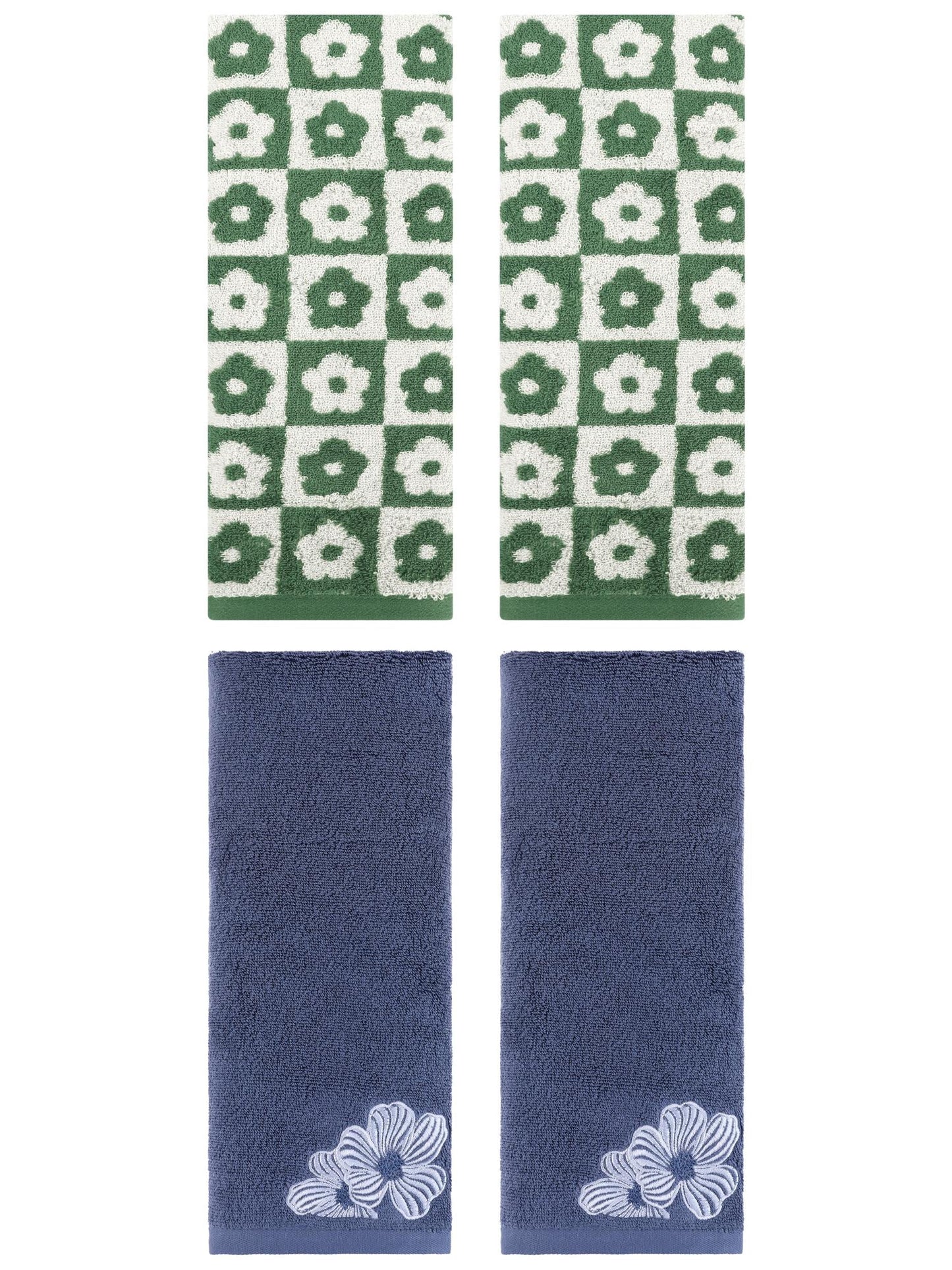 Unique Bargains 4 Pcs Cotton Hand Towel Set Green/Navy Blue 14" x 30"/14" x 31"