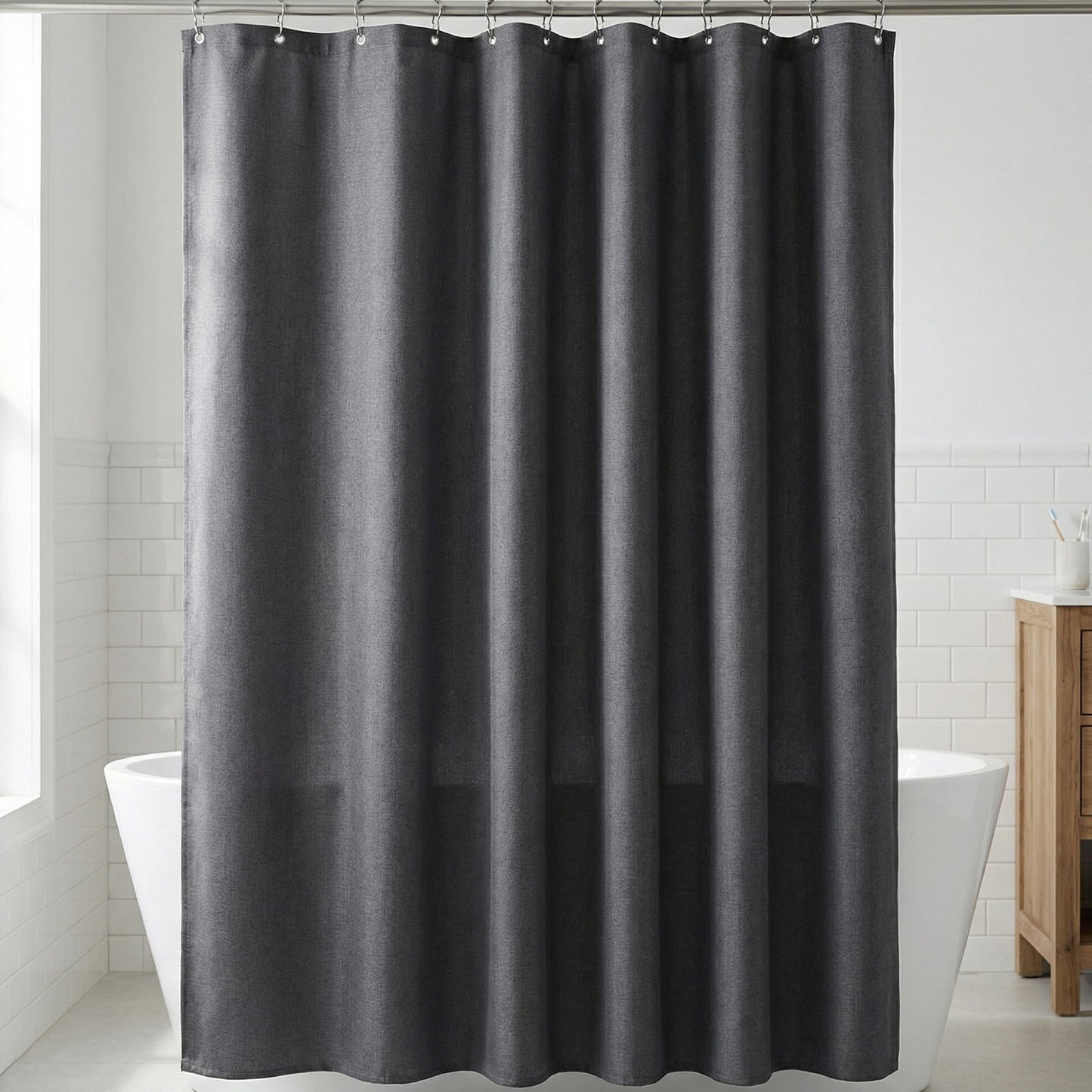 Unique Bargains Solid Color Linen-Like Shower Curtain with Hooks Grey 71"W x 71"L