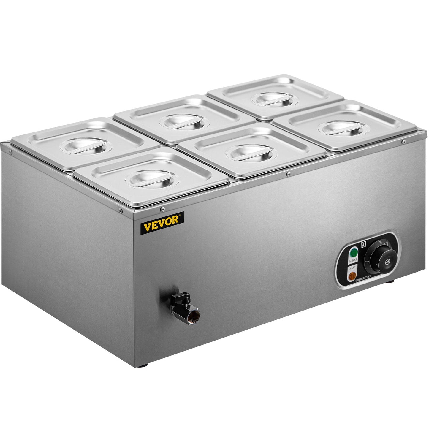 VEVOR 110V 6-Pan Bain Marie Food Warmer, 12.6 Qt Commercial Stainless Steel Steam Table, 1500W, 6-Inch Deep with Temperature Control (86-185°F), Includes Lids & 2 Ladles