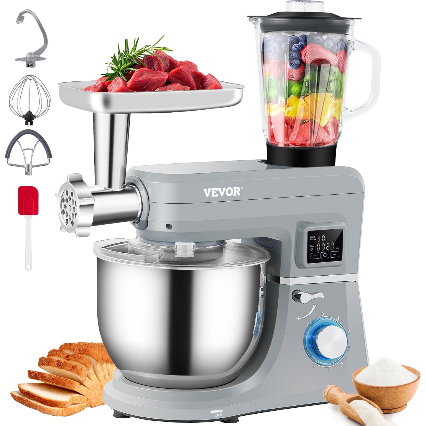 VEVOR 5 IN 1 Stand Mixer,660W Tilt-Head Multifunctional Electric Mixer with 6 Speeds LCD Screen Timing, 7.4 Qt Stainless Bowl, Dough Hook, Flat Beater, Whisk, Scraper