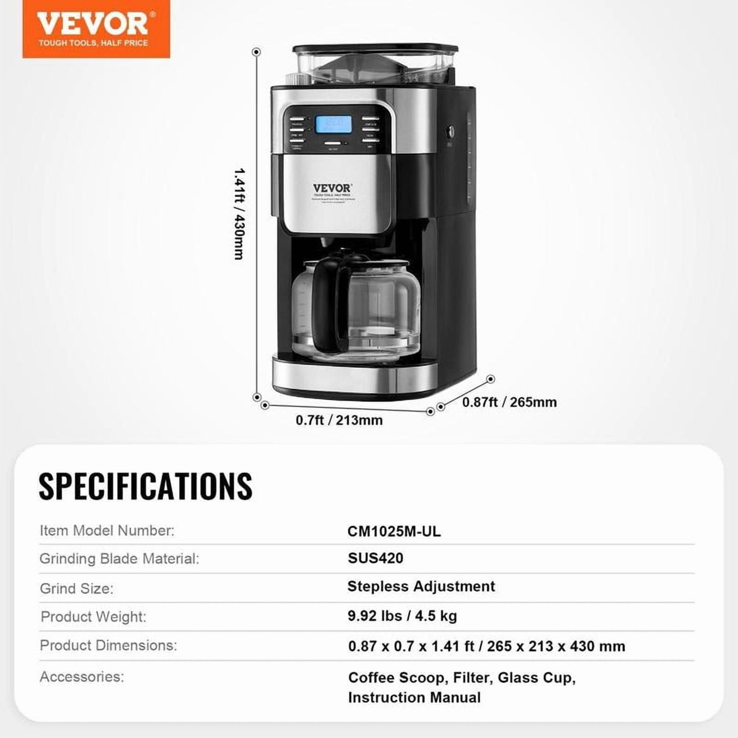 VEVOR Coffee Maker with Grinder, 12 Cup Coffee Machine, Grind and Brew Coffee Maker with 3 Brew Strength Control, 24-Hour Timer for Auto Brew, for Home Office Restaurant