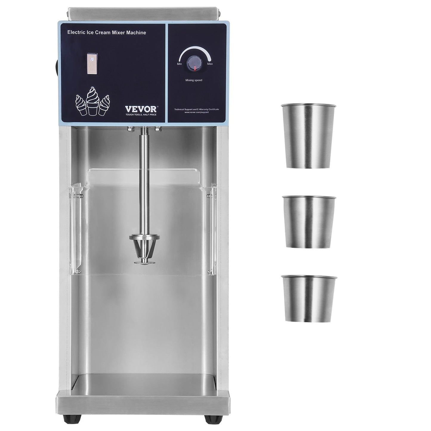 VEVOR Ice Cream Blender, 400W High-Speed Ice Cream Maker Mixer Stir Machine 4200RPM, Stepless Speed Adjustment, 304 Stainless Steel Ice Cream Shaker, 3 Hand Cups, Make Various Flavors of Ice Cream