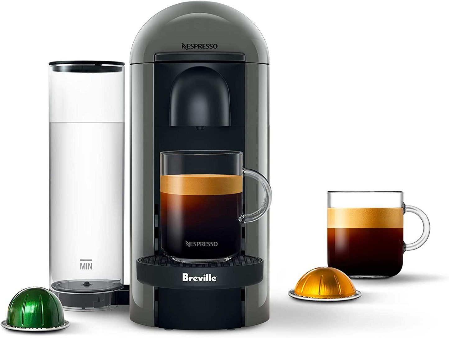 VertuoPlus Single-Serve Coffee & Espresso Machine with Programmable Brew Sizes, 8 Ounce Capacity, Compact Design, Sleek Grey Finish