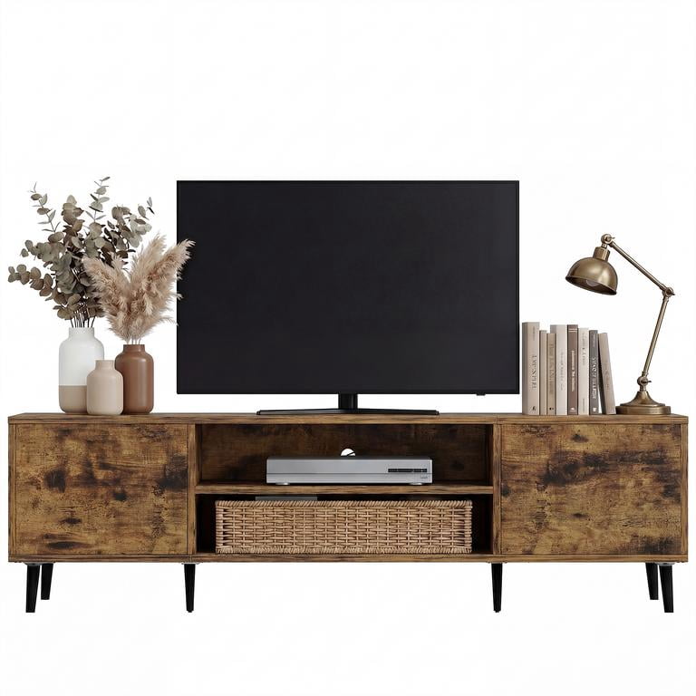 Vineego TV Stand for 70 Inch TV with 2 Push-to-Open Doors, Mid-Century Modern Media Console with Open Shelves, Entertainment Center for Living Room Bedroom, Brown