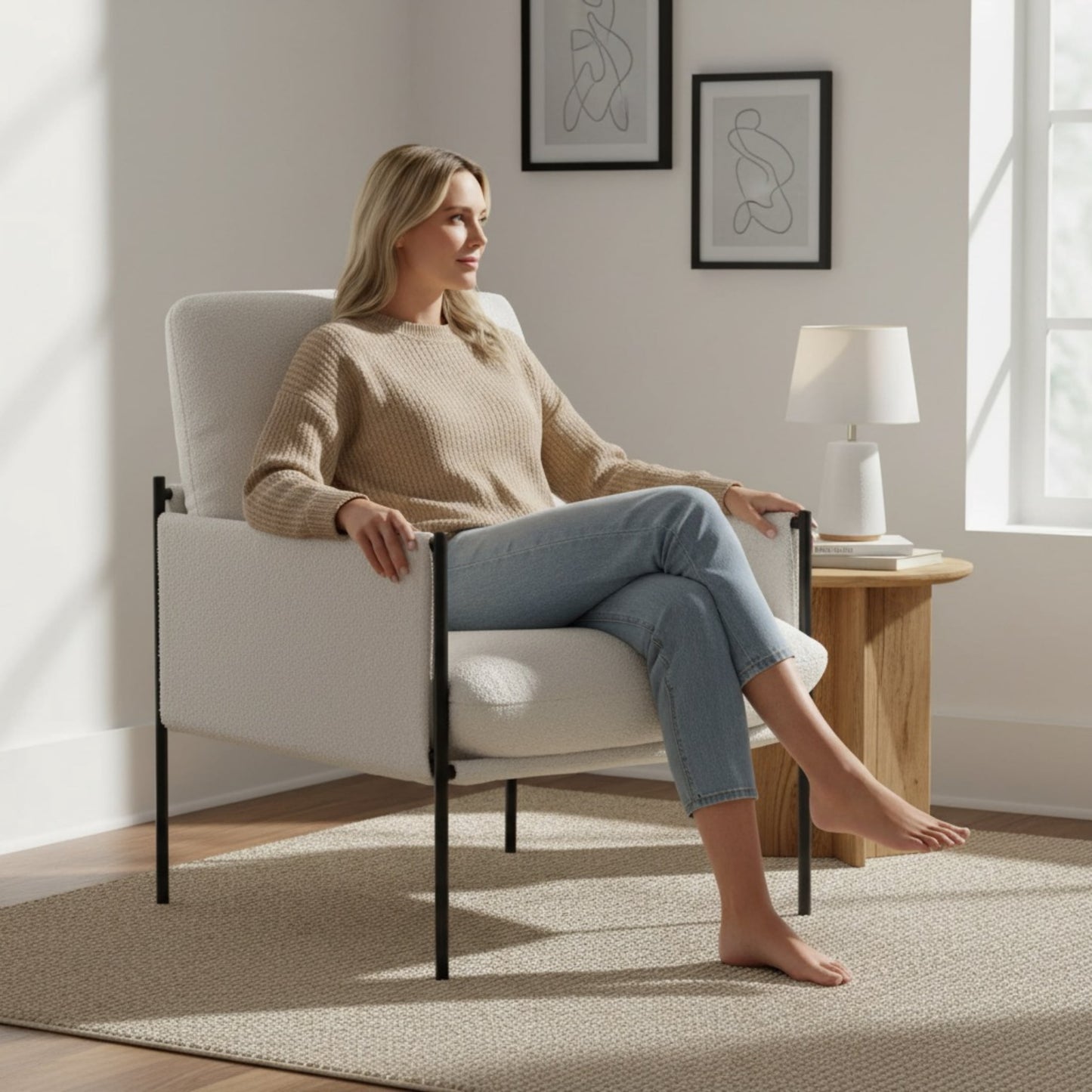 Vinform Silla Moderna Decorativa, Sillón con CojÃn Removible, Estructura de Metal para Sala de Estar, Blanco