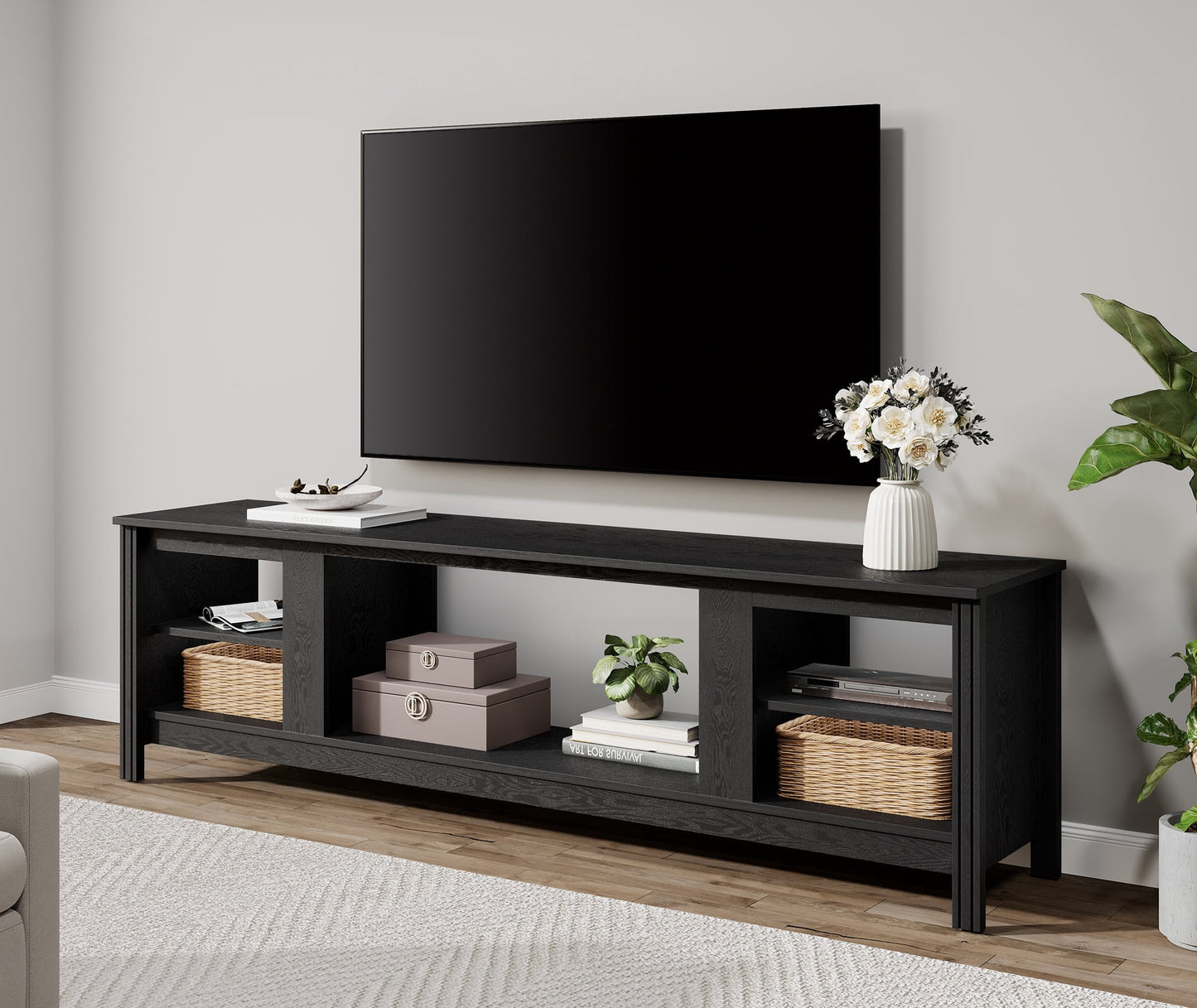 WAMPAT 70 Inch Black TV Stand for 75 Inch TV, Farmhouse Entertainment Center with 6 Open Shelves