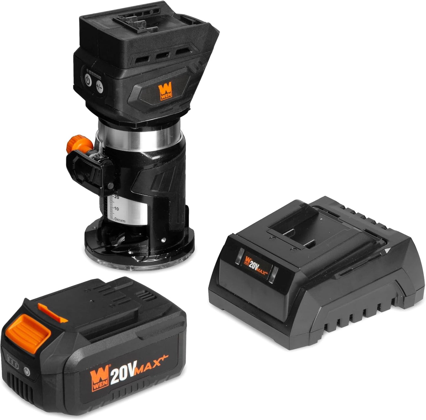 WEN 20V Max Cordless Brushless Compact Trim Router with Fixed Base, 4Ah Lithium-Ion Battery, and Charger (20610)