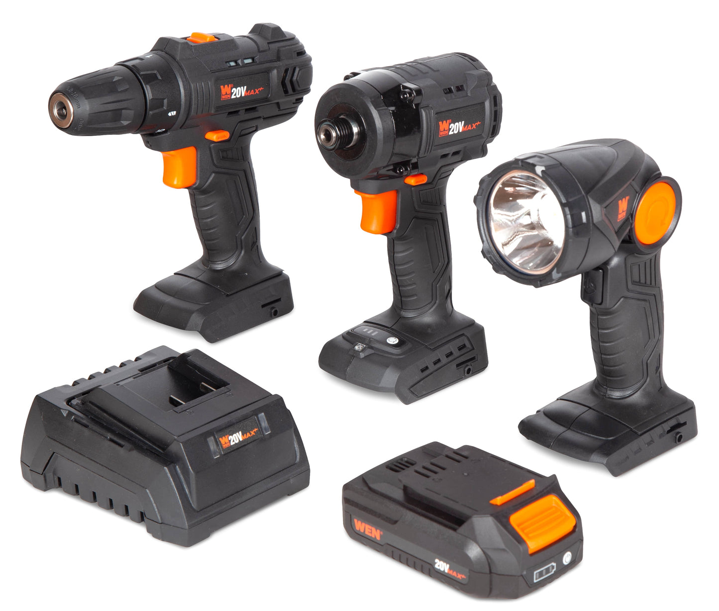 WEN 20V Max Cordless Drill, Brushless Compact Impact Driver, and LED Torch Flashlight Combo Kit w/ 2Ah Battery and Charger (20VK3DDL)