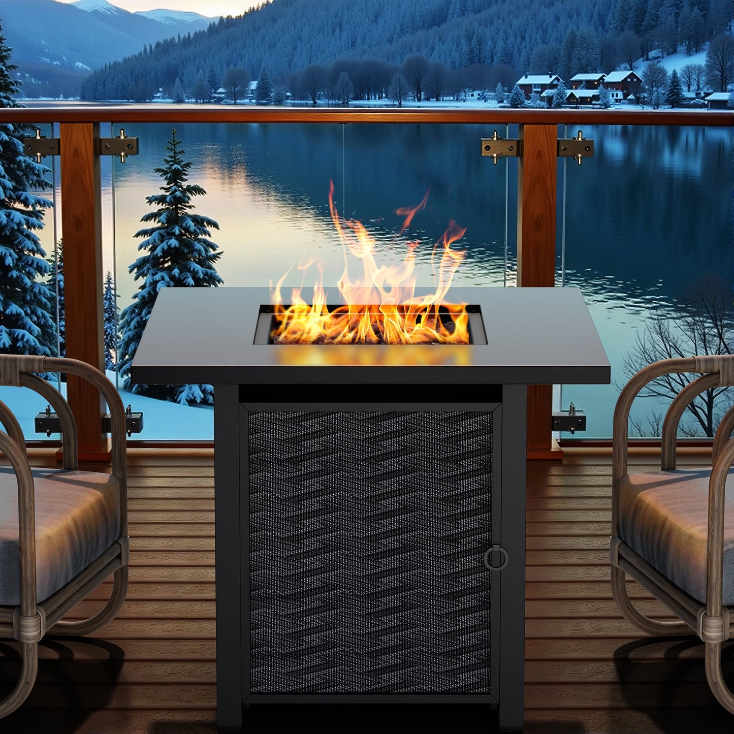 Walsunny 28" Propane Fire Pit Table Outdoor Gas Fire Pit with Lava Rocks 50,000 BTU Fire Table with Lid, Waterproof Cover