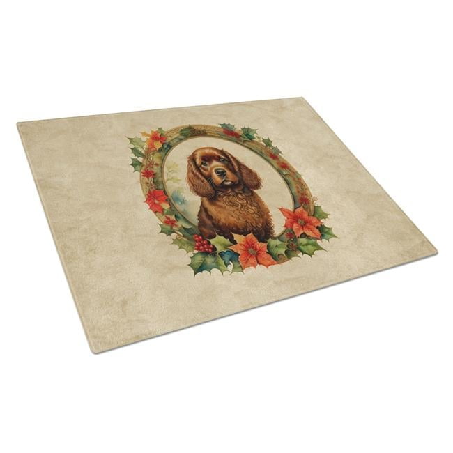 Water Spaniel Christmas Flowers Glass Cutting Board 12 in x 15 in