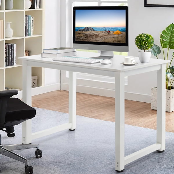 Escritorio de Computadora Blanco de 110 Cm con Estructura de Acero y Patas de Triamina – Escritorio de Estudio de Tablero de PartÃculas P2 Resistente para Oficina en Casa, Sala de Estudio, Dormitorio, Diseño Simple