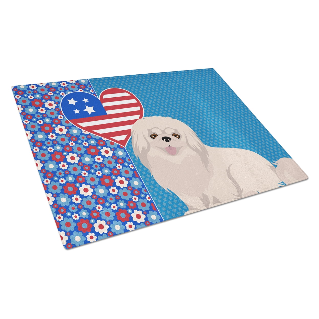 White Pekingese Glass Cutting Board Large 12 in x 15 in