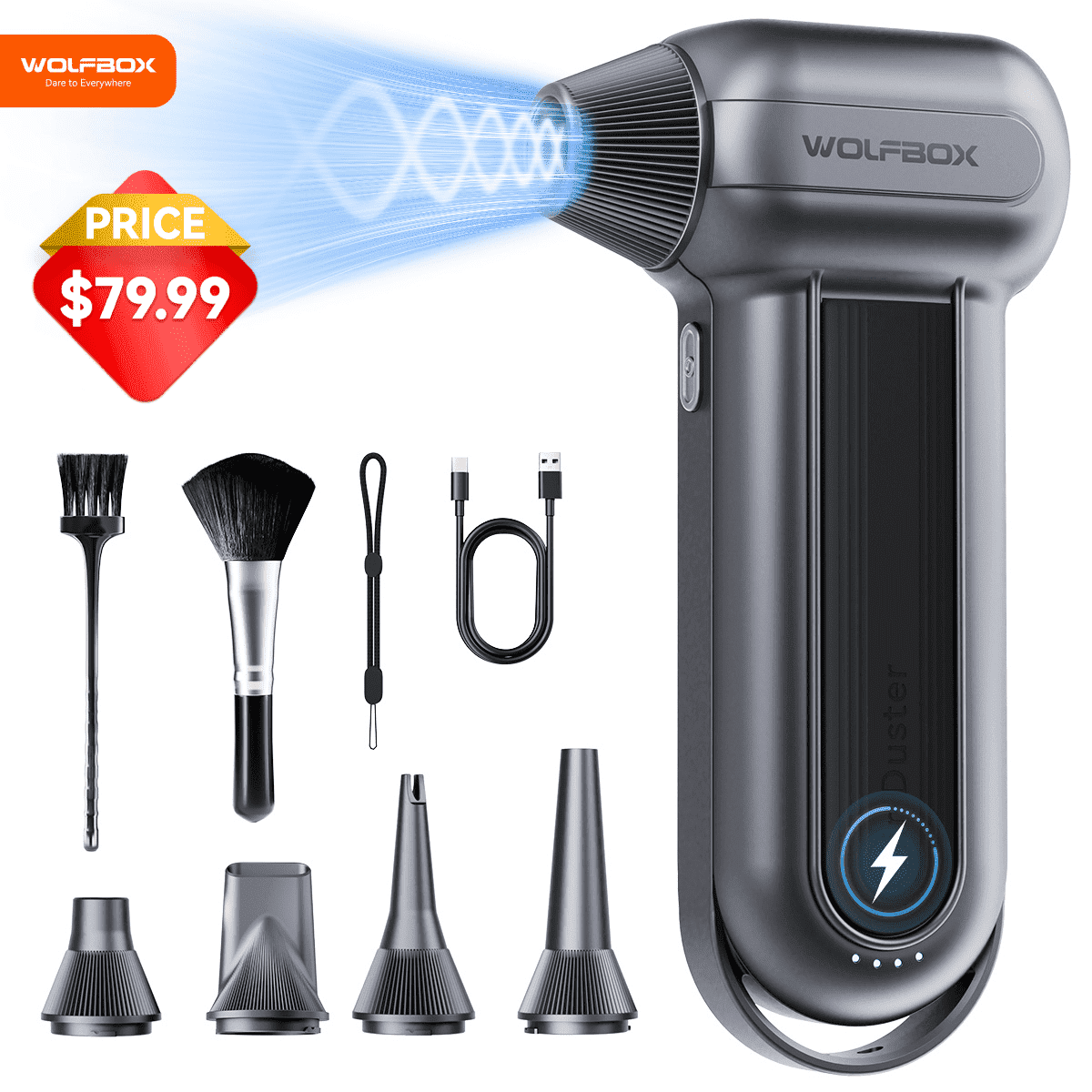 WolfBox Compressed Air Duster, 150000RPM Handheld Cordless Vacuum Cleaner, Rechargeable Long Life Extra Powerful Electric Blower, Mini Car Vacuum Cleaner with Multi-Nozzles for Car, Black