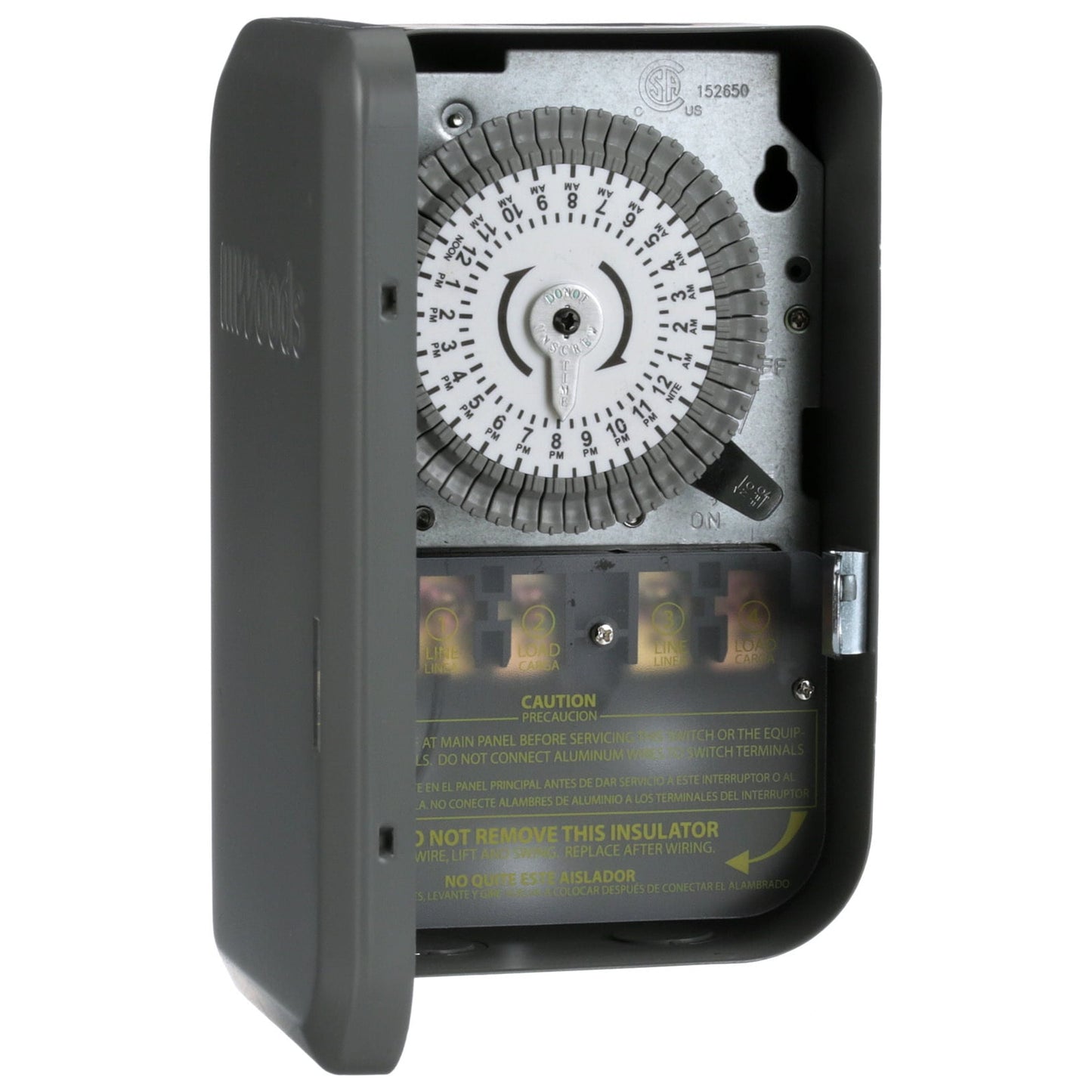 Woods 59104WD 208-277V 40A DPST Temporizador de Cambio de Tiempo Mecánico para Interiores de 24 Horas con Caja de Metal