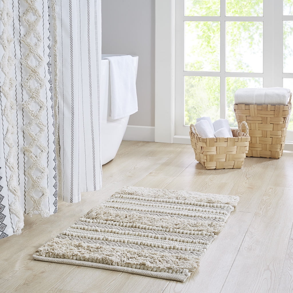 Woven Texture Stripe Bath Rug 20x32 Inches Natural, INK+IVY Asher Boho Hand-Woven Bathroom Rug, Non-Slip Latex Backing Machine Washable Shower Rug for Bathroom Decor