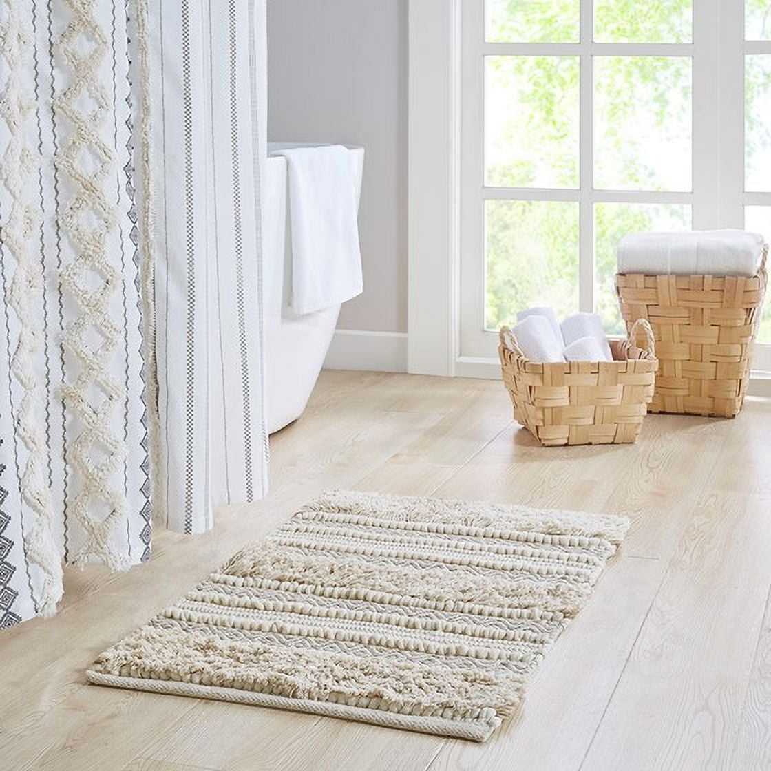 Woven Texture Stripe Bath Rug 22x58 Inches Natural, INK+IVY Asher Boho Hand-Woven Bathroom Runner Rug, Non-Slip Latex Backing Machine Washable for Bathroom Decor