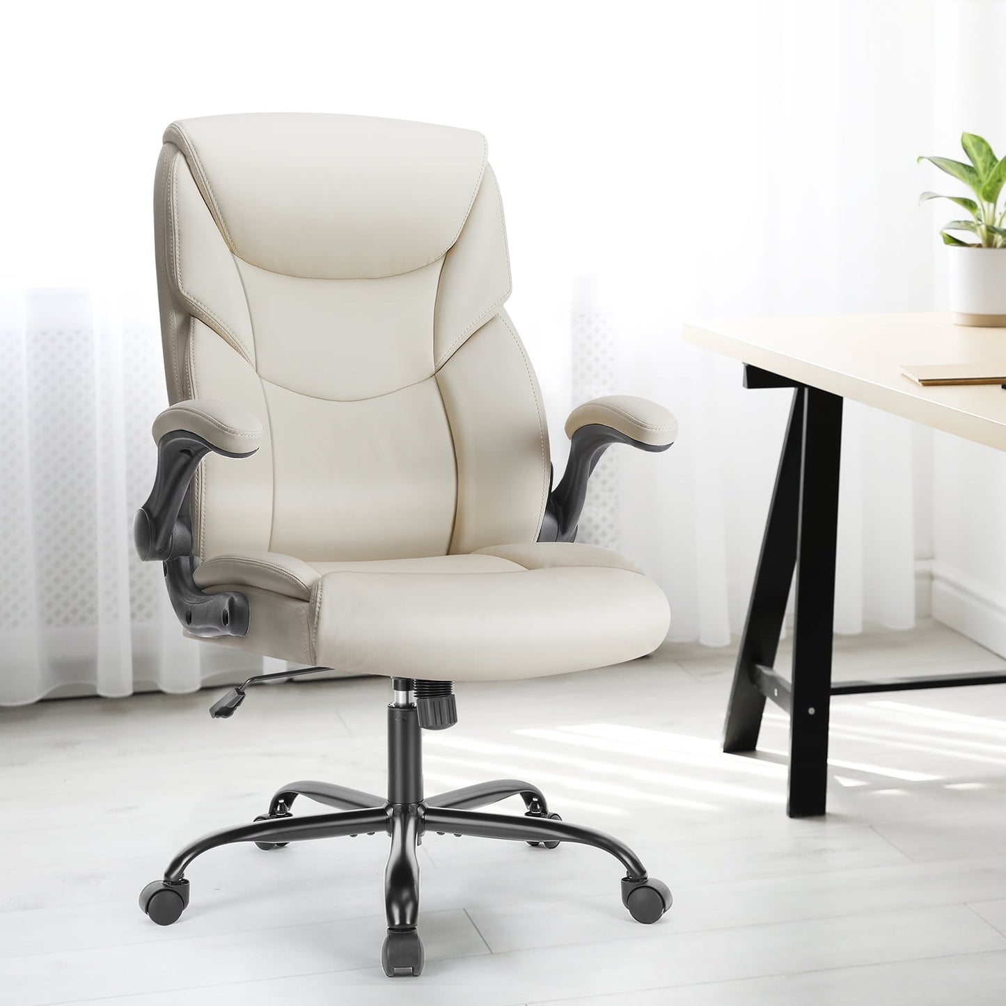 edx Computer Gaming Chair, Ergonomic High Back Heavy Duty Task Desk Office Chairs with Wheels, Flip-up Arms, Adjustable Height, PU Leather, White